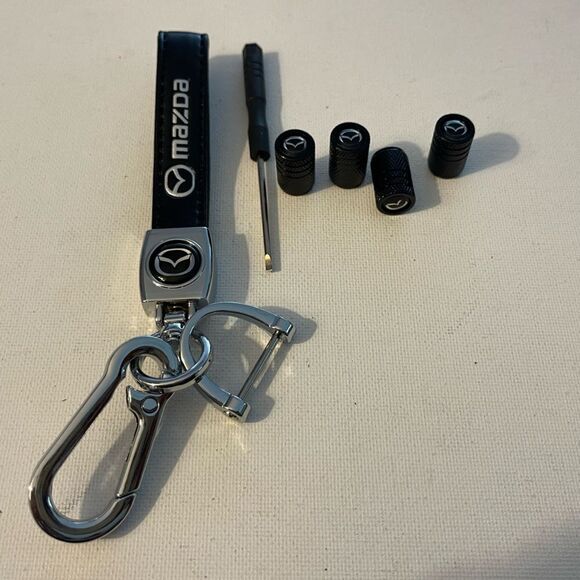 Mazda key fob Keychain in black leather and Valve stem caps in Black NWT - Picture 4 of 6